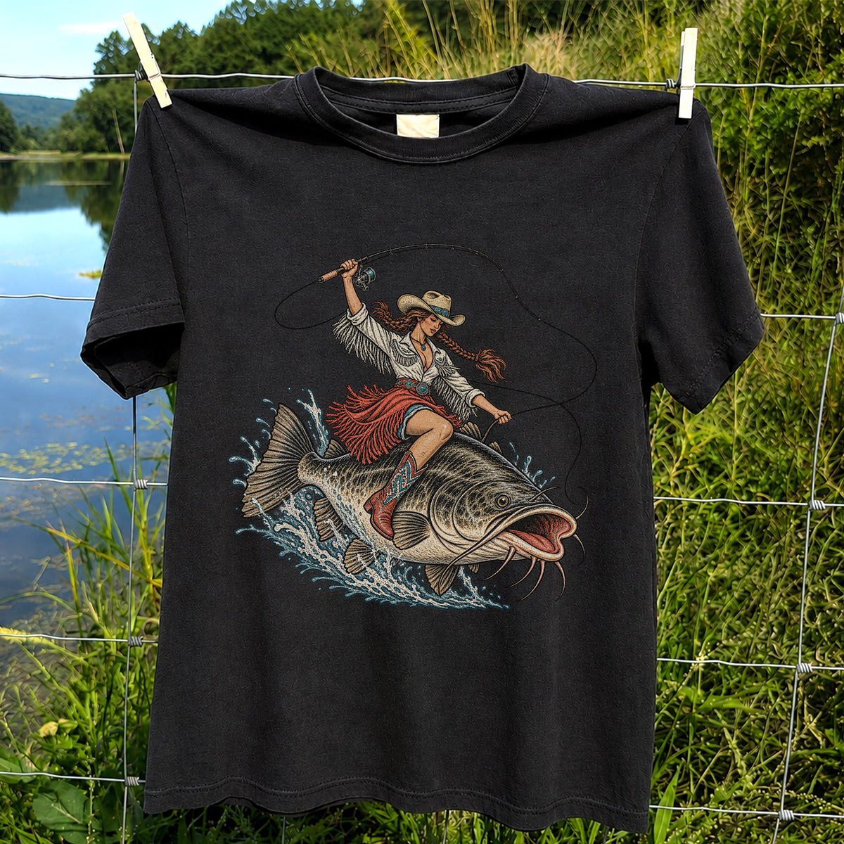 Cowgirl Riding a Largemouth Bass Fishing Graphic T-Shirt