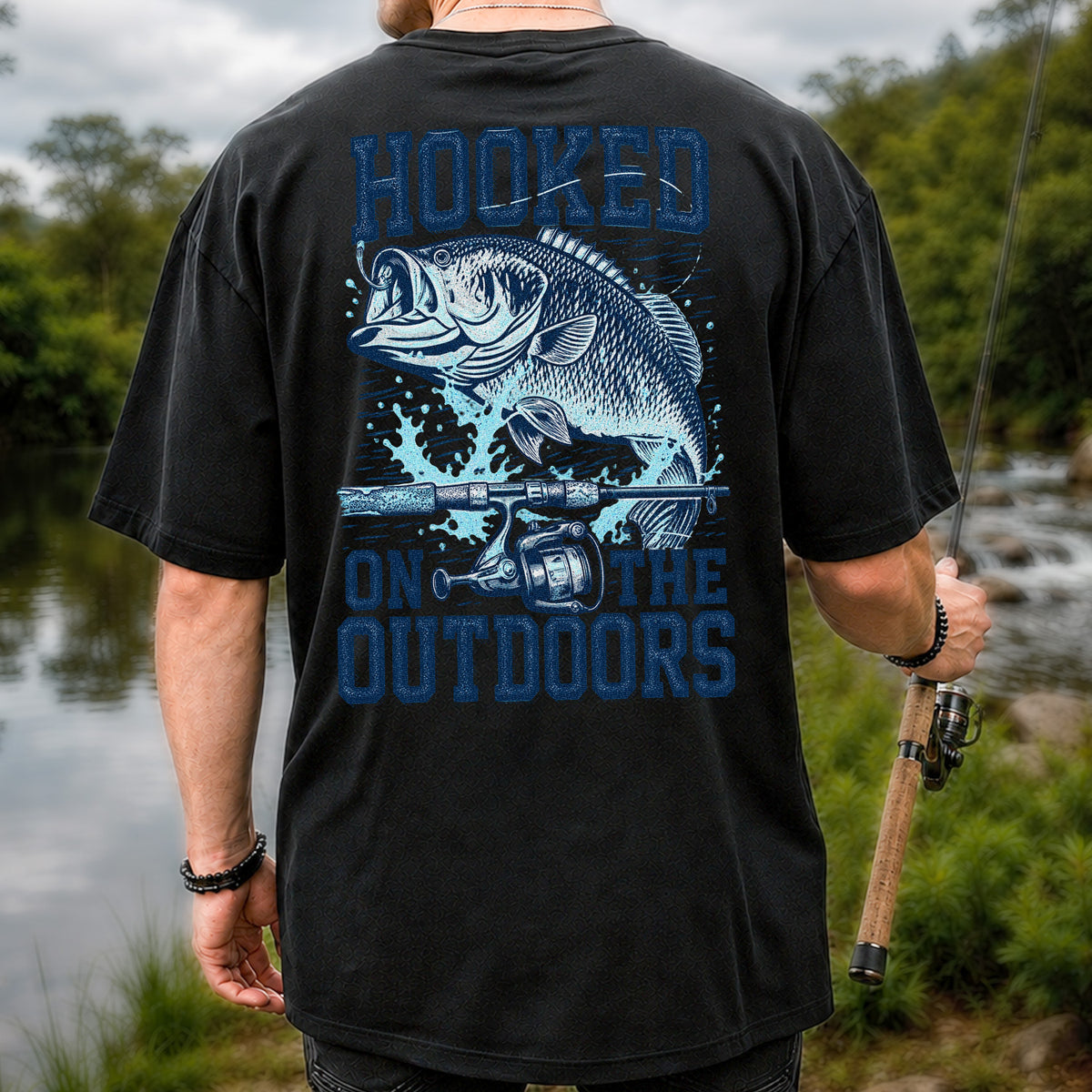 Hooked on the Outdoors Bass Fishing Graphic T-Shirt | Back Print