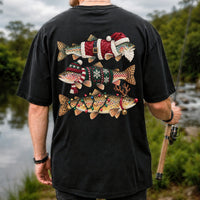 Christmas Trout Fishing Graphic T-Shirt with Festive Fish Artwork | Back Print