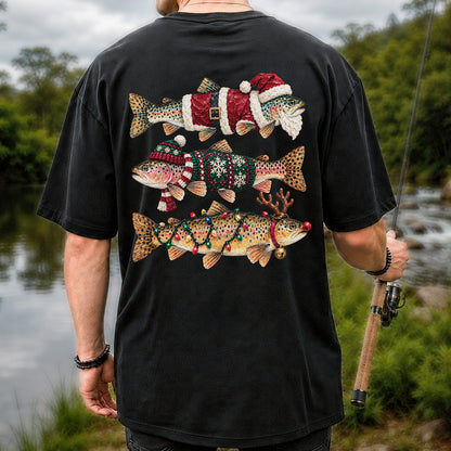 Christmas Trout Fishing Graphic T-Shirt with Festive Fish Artwork | Back Print