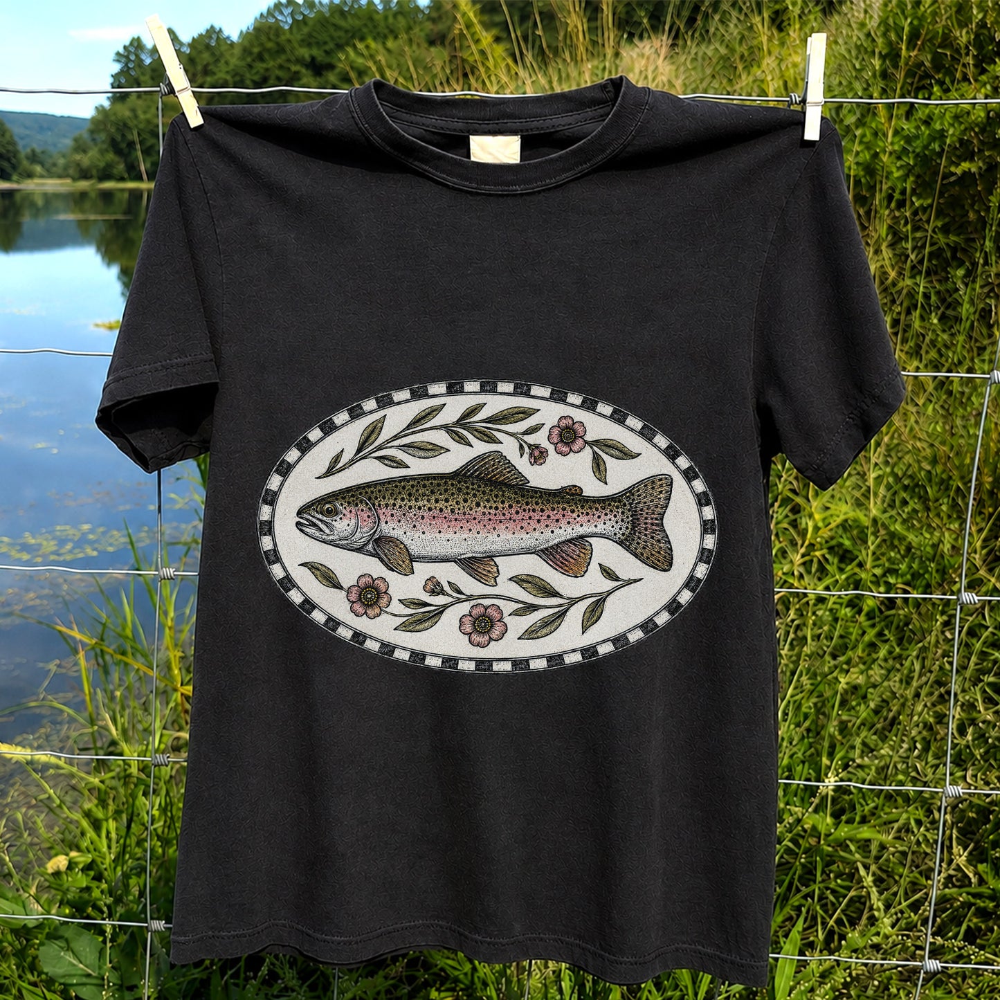 Vintage Floral Rainbow Trout Fishing Graphic T-Shirt
