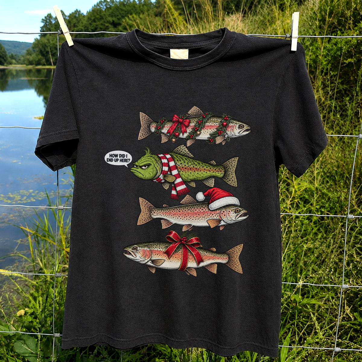Christmas Trout Fishing Holiday Graphic T-Shirt
