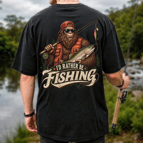 Bigfoot Holding Trout Funny Fishing Graphic T-Shirt | Back Print