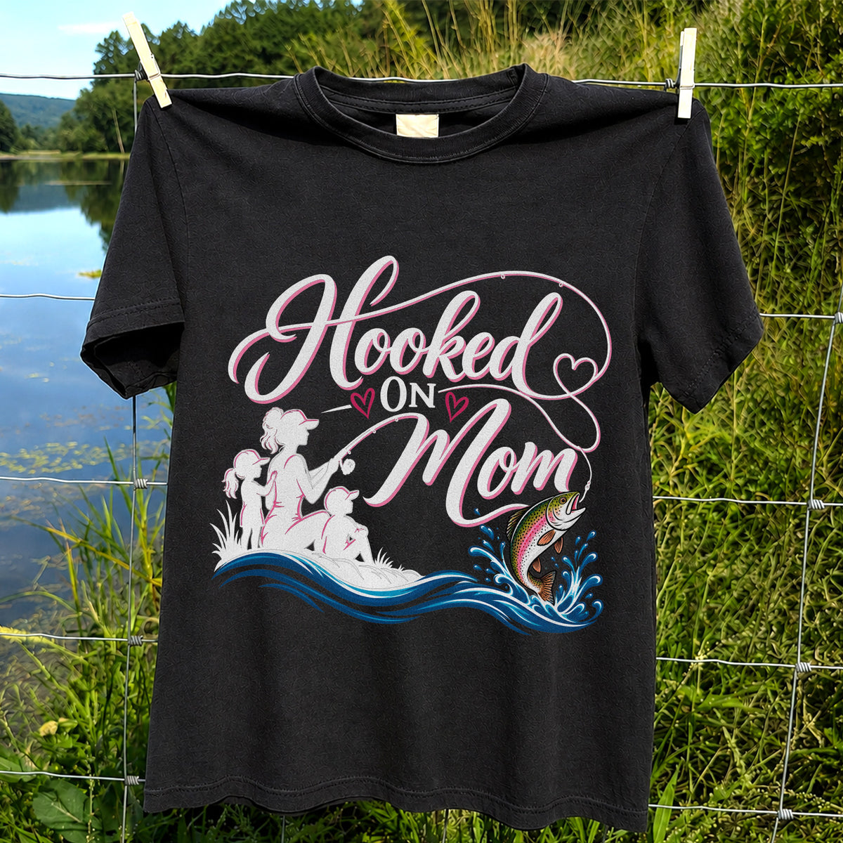 Hooked on Mom Rainbow Trout Family Fishing T-Shirt