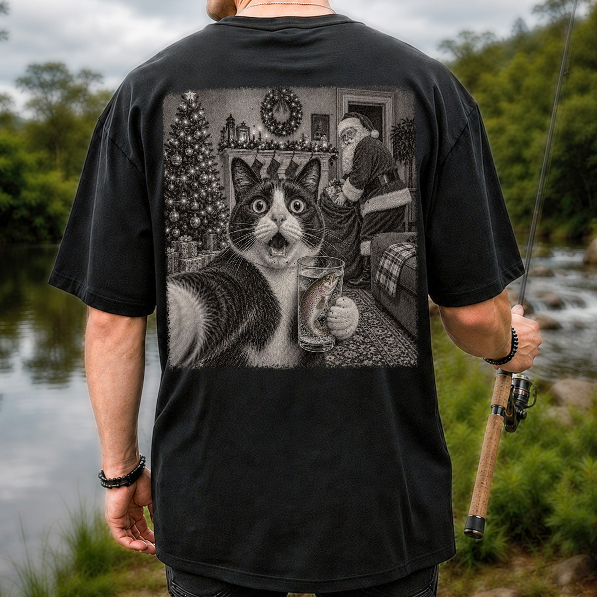 Christmas Cat Holding a Fish Mug Holiday Graphic T-Shirt | Back Print