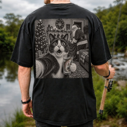 Christmas Cat Holding a Fish Mug Holiday Graphic T-Shirt | Back Print