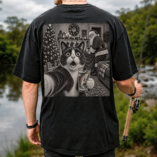 Christmas Cat Holding a Fish Mug Holiday Graphic T-Shirt | Back Print