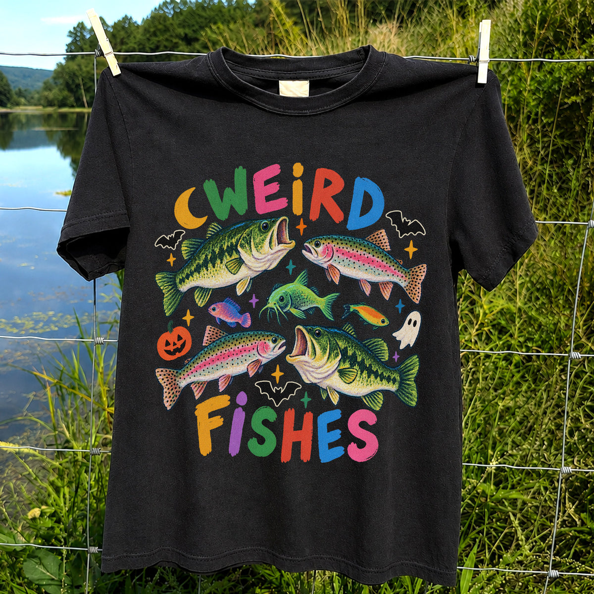 Weird Fishes Halloween Bass and Rainbow Trout Fishing T-Shirt