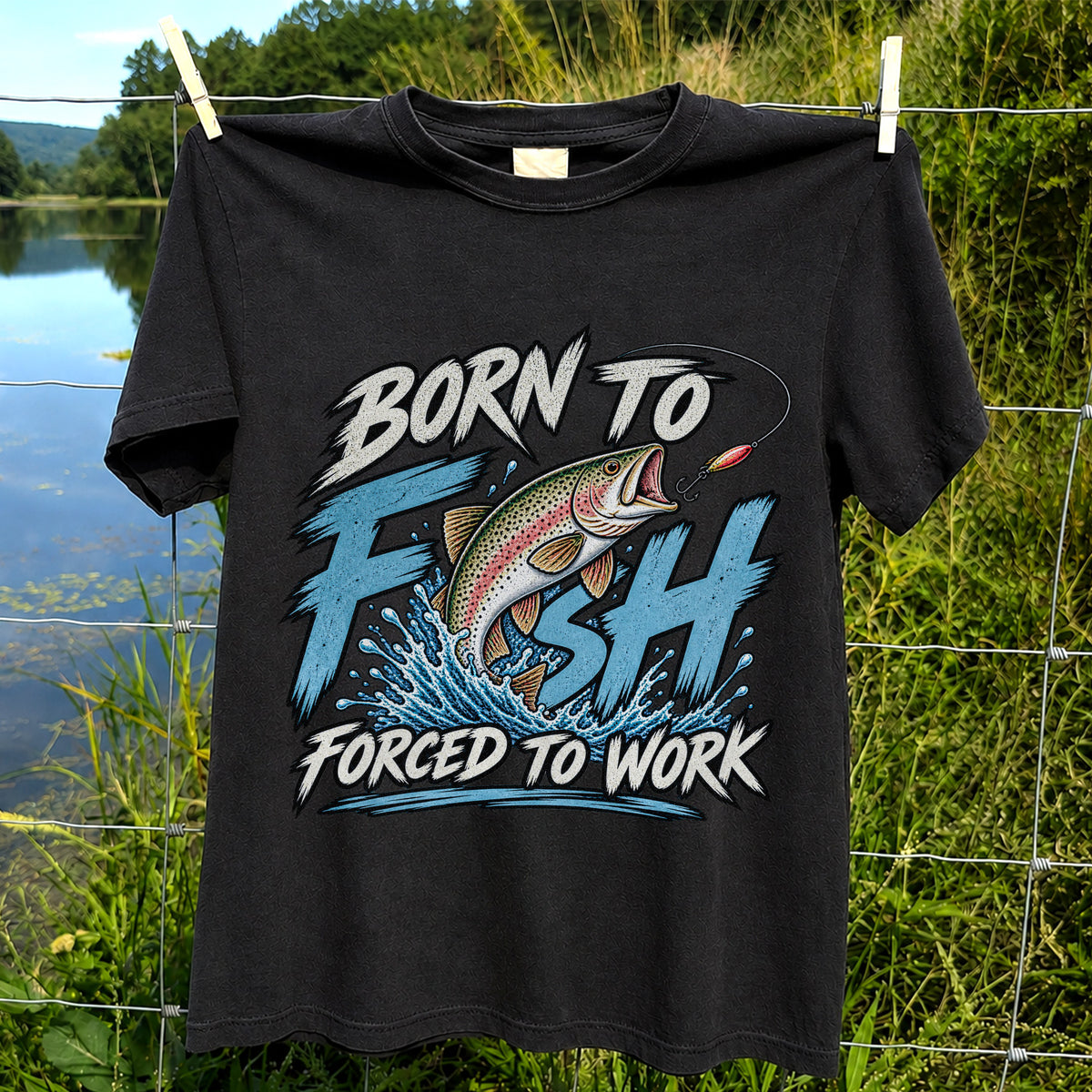 Born to Fish Forced to Work Jumping Rainbow Trout Fishing T-Shirt