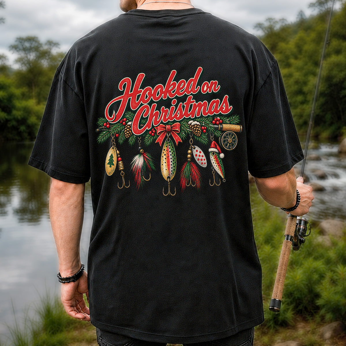 Hooked on Christmas Fishing Lure Ornaments Graphic T-Shirt | Back Print