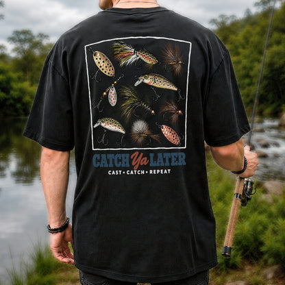 Catch Ya Later Cast Catch Repeat Fishing Lures Graphic T-Shirt | Back Print