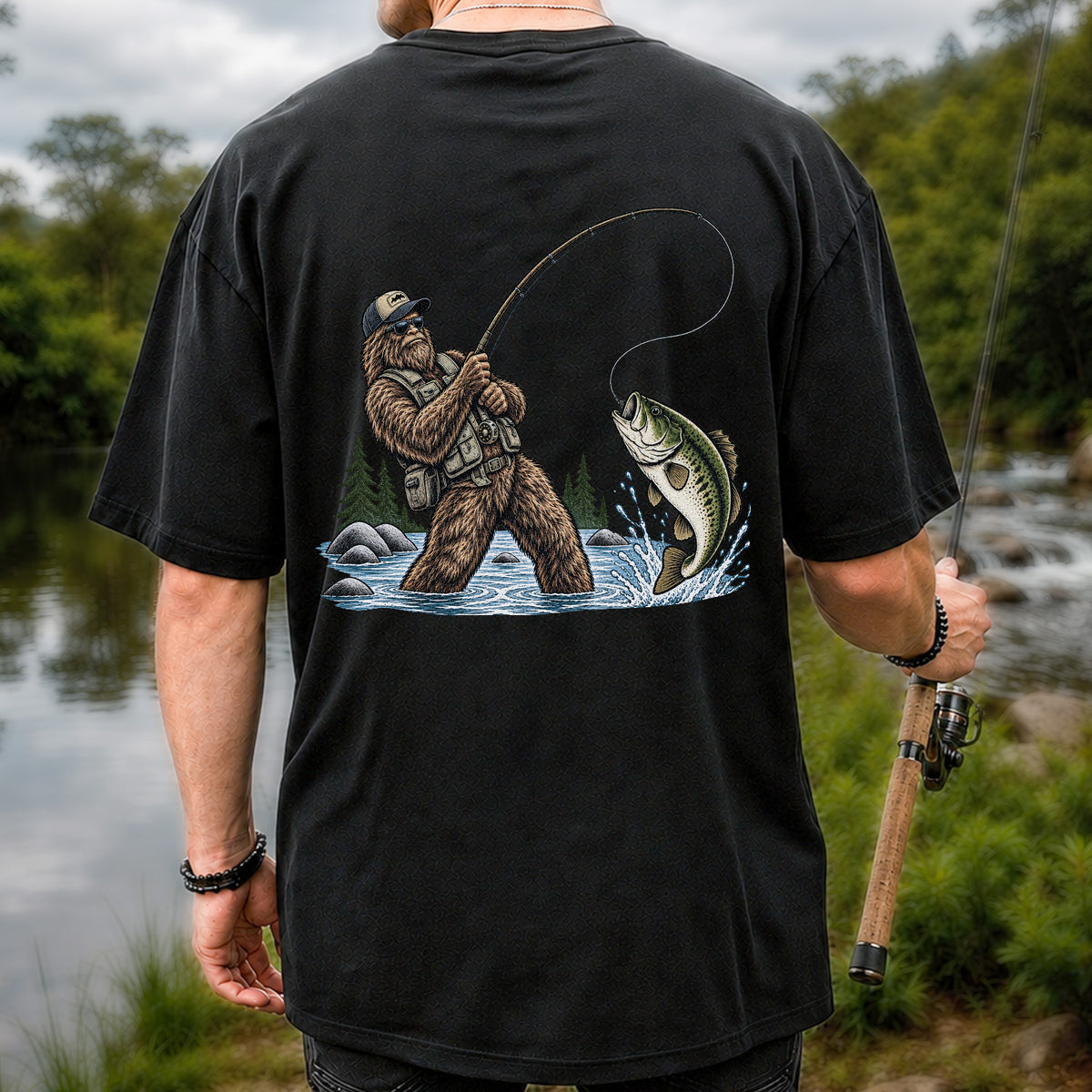 Bear Catching Bass Fishing Graphic T-Shirt | Back Print