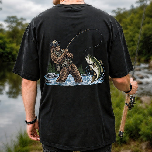 Bear Catching Bass Fishing Graphic T-Shirt | Back Print