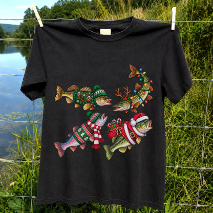 Festive Christmas Fish Wearing Holiday Sweaters Fishing T-Shirt