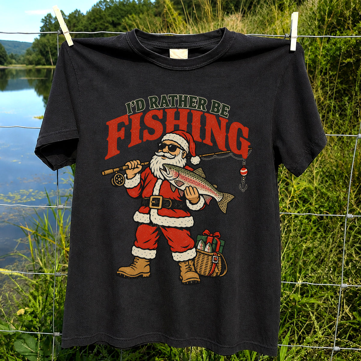 I'd Rather Be Fishing Santa Holding Rainbow Trout Christmas T-Shirt