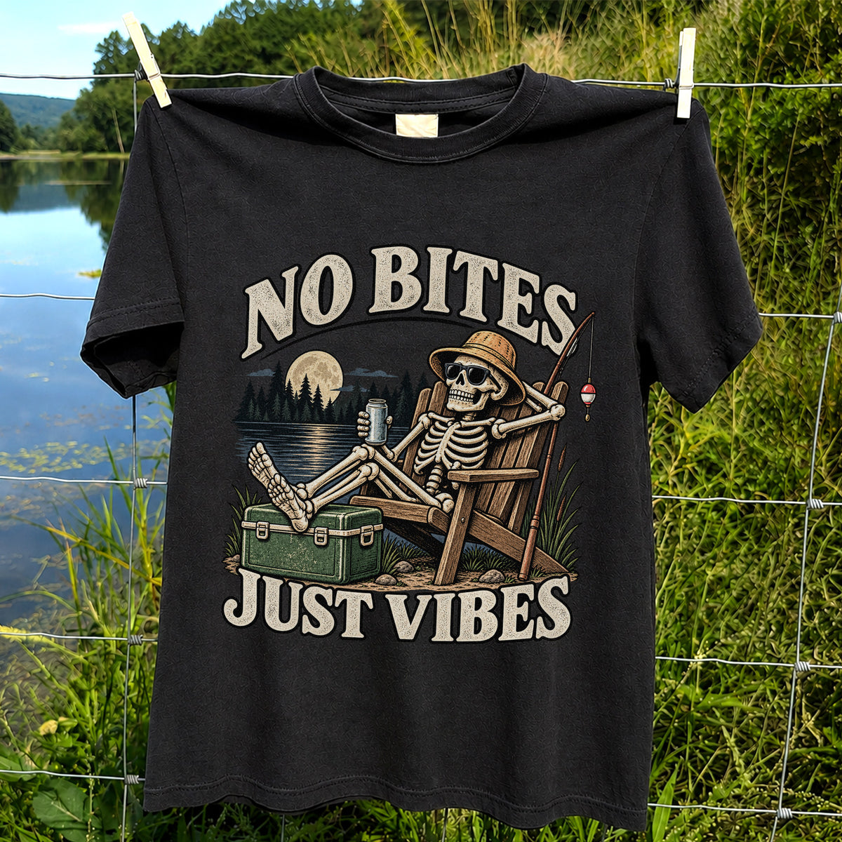 No Bites Just Vibes Skeleton Lake Fishing Graphic T-Shirt