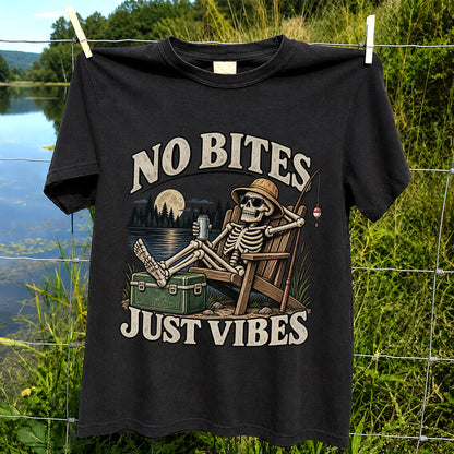 No Bites Just Vibes Skeleton Lake Fishing Graphic T-Shirt