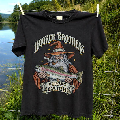 Hooker Brothers Here Lies the Catch Wizard Trout Fishing T-Shirt