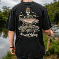 Forever Fishing Skeleton Holding Rainbow Trout Graphic T-Shirt | Back Print