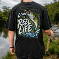 Livin' the Reel Life Jumping Bass Fishing Graphic T-Shirt | Back Print