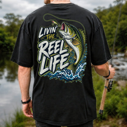 Livin' the Reel Life Jumping Bass Fishing Graphic T-Shirt | Back Print