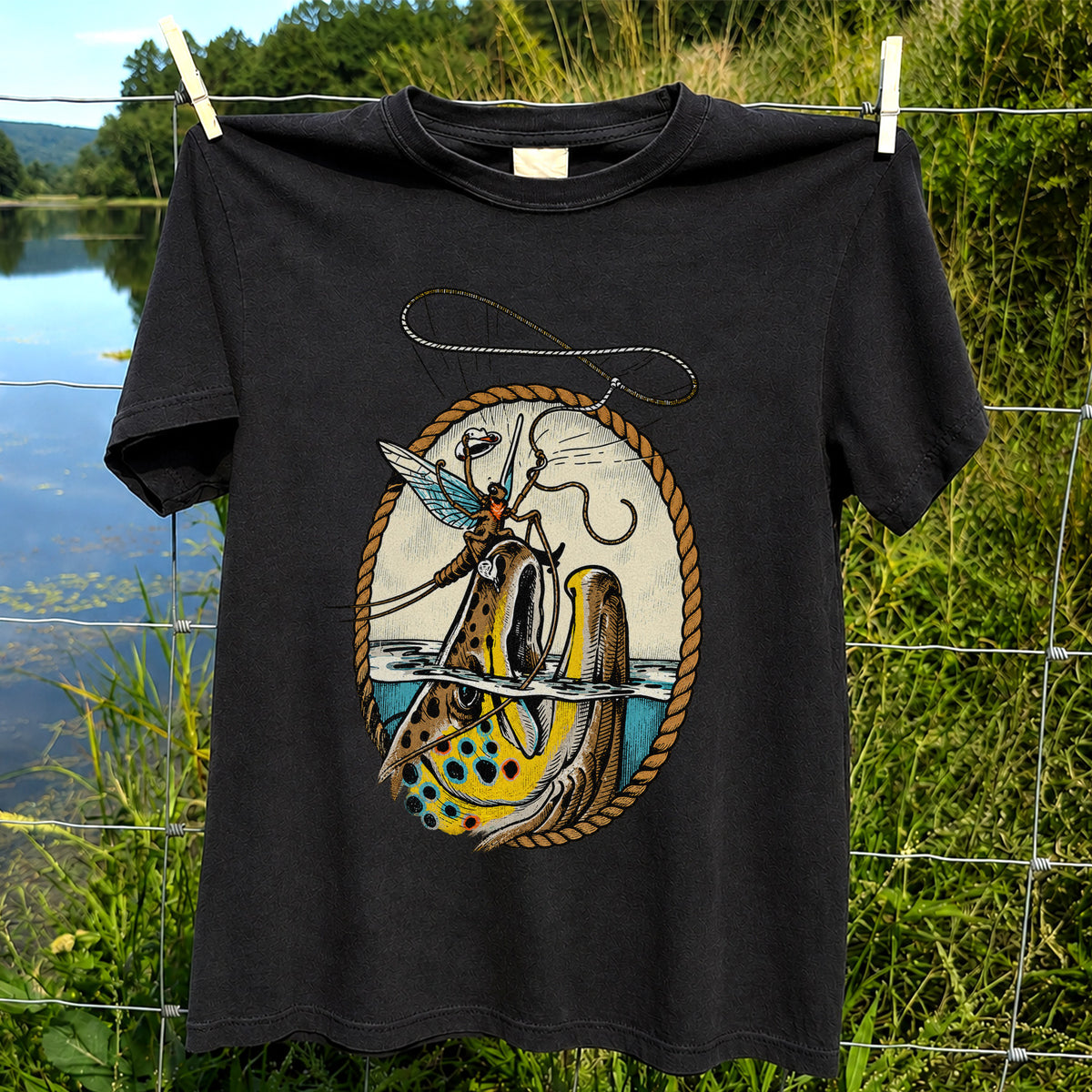 Brown Trout and Winged Fly Angler Vintage Fishing Graphic T-Shirt