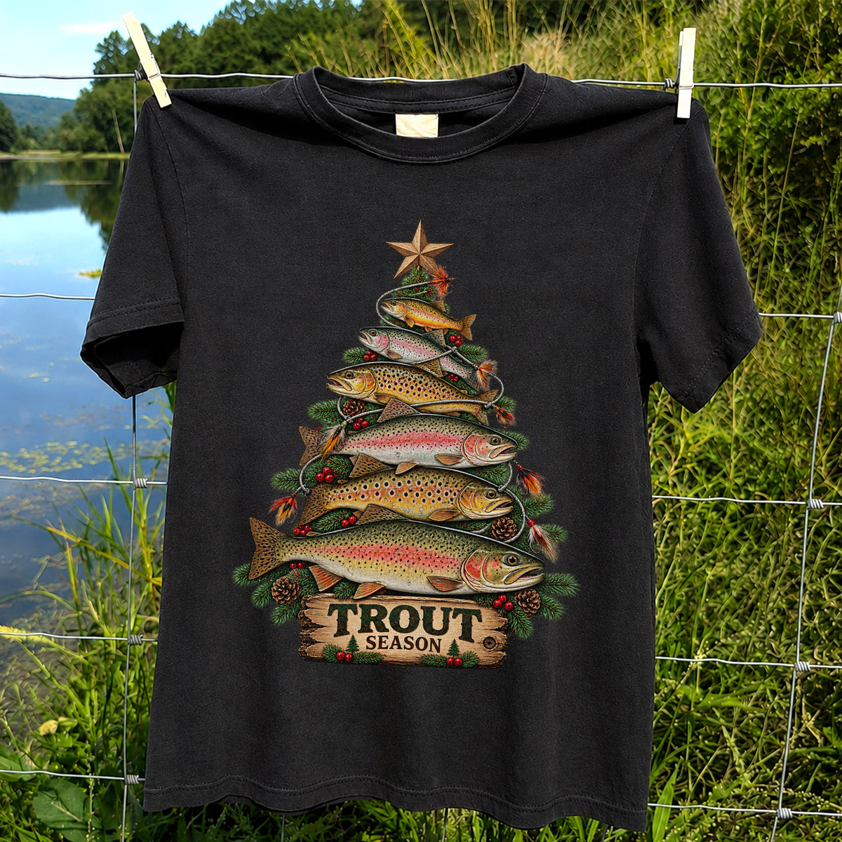 Trout Season Fish Christmas Tree Fishing T-Shirt
