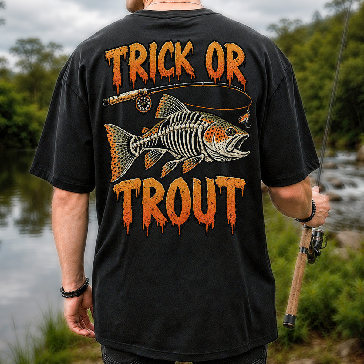 Trick or Trout Skeleton Trout Halloween Fly Fishing T-Shirt | Back Print