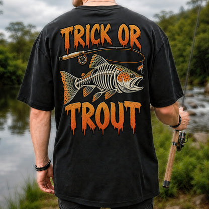 Trick or Trout Skeleton Trout Halloween Fly Fishing T-Shirt | Back Print