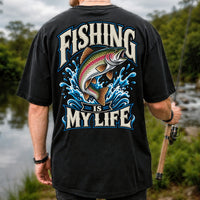 Fishing Is My Life Jumping Rainbow Trout Graphic T-Shirt | Back Print