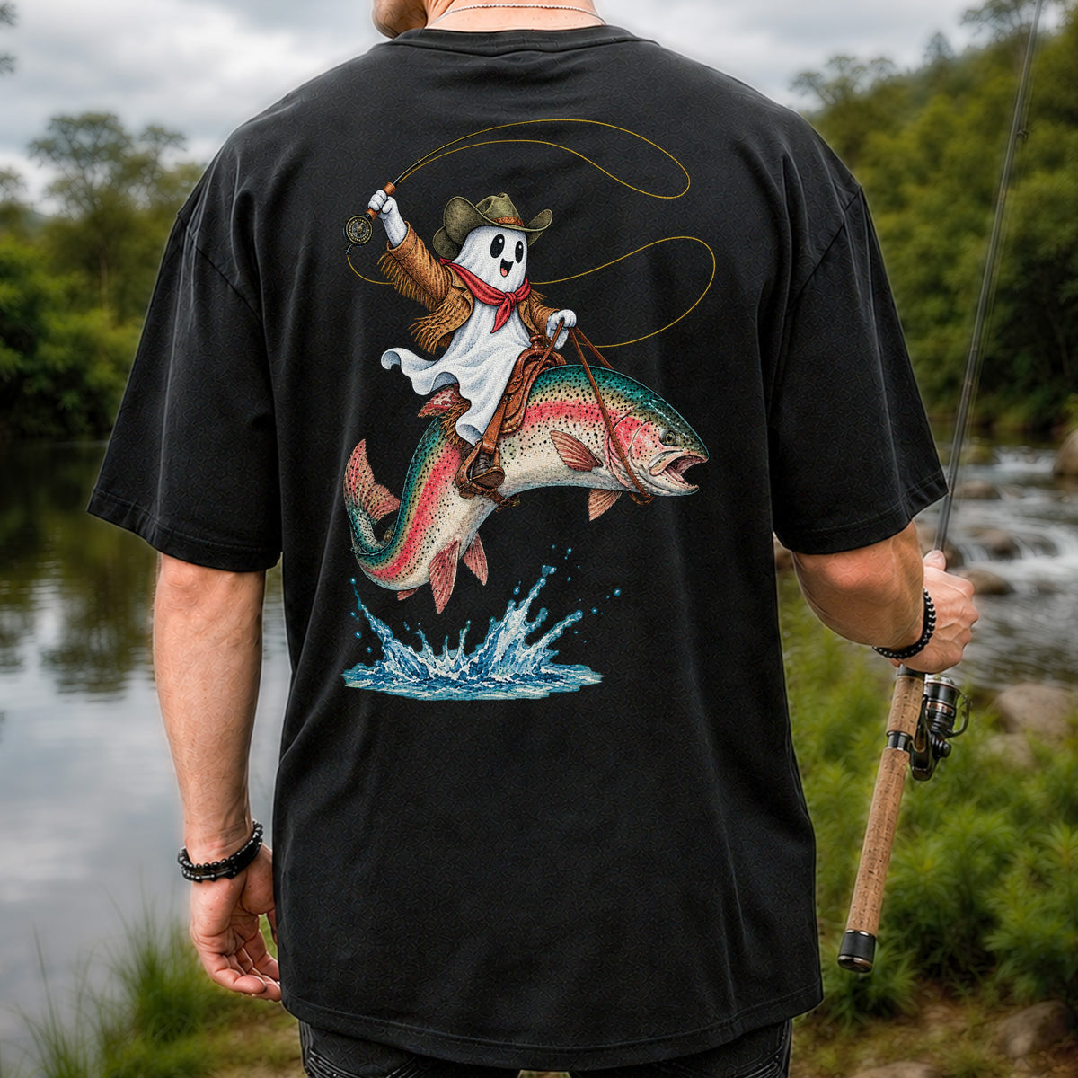 Ghost Cowboy Riding a Rainbow Trout Halloween Fishing T-Shirt | Back Print