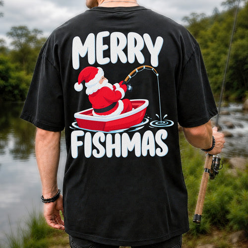 Santa Claus Boat Fishing Christmas Graphic T-Shirt | Back Print