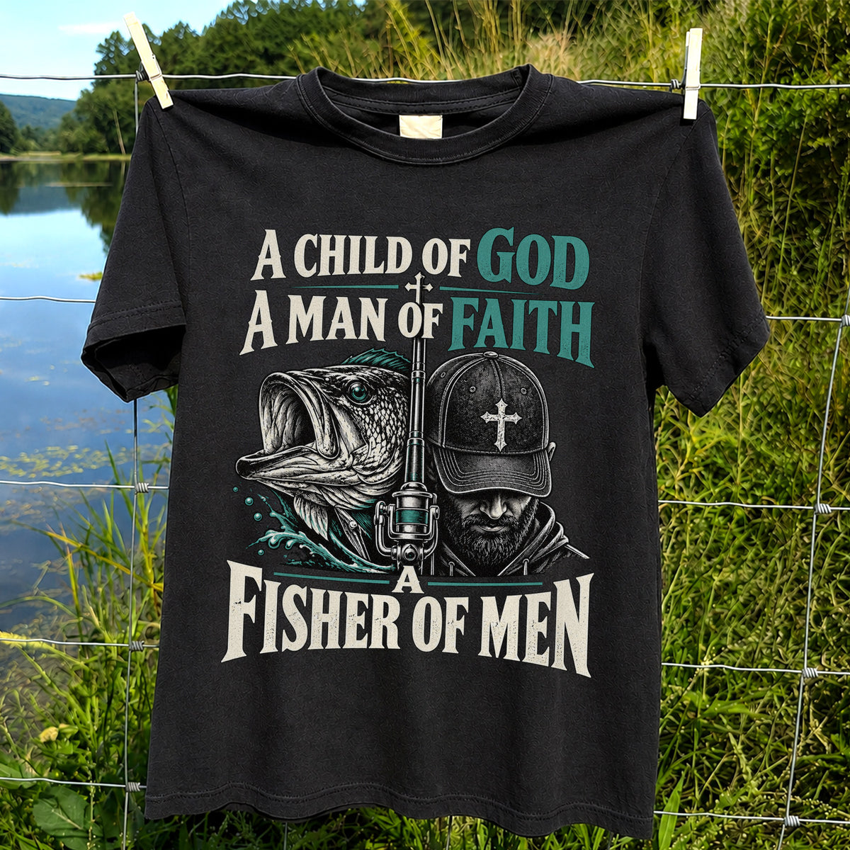A Child of God A Man of Faith A Fisher of Men Bass Fishing T-Shirt