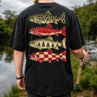 Four Seasonal Trout Patterns Christmas Fishing Graphic T-Shirt | Back Print