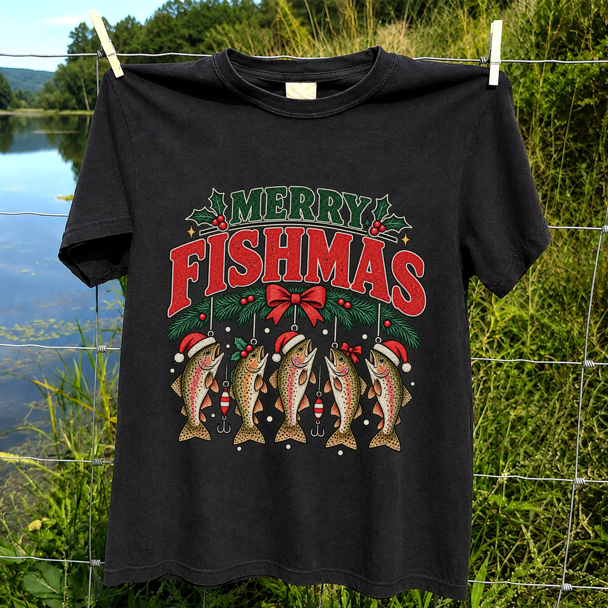 Merry Fishmas Christmas Rainbow Trout Fishing T-Shirt