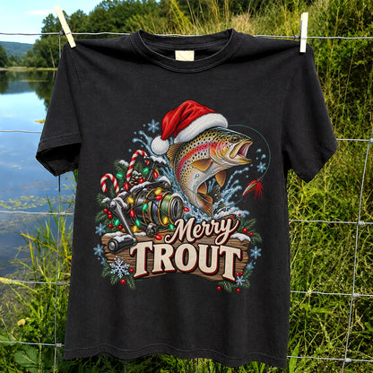 Merry Trout Christmas Rainbow Trout and Fishing Reel T-Shirt