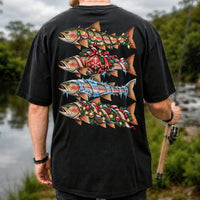 Christmas Rainbow Trout with Holiday Lights Fishing Graphic T-Shirt | Back Print