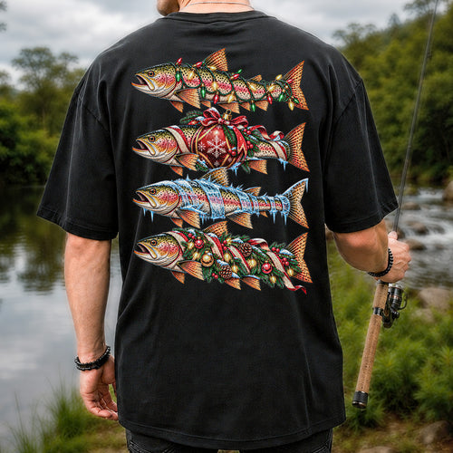 Christmas Rainbow Trout with Holiday Lights Fishing Graphic T-Shirt | Back Print