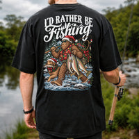 I'd Rather Be Fishing Bigfoot and Dog Christmas Fishing T-Shirt | Back Print
