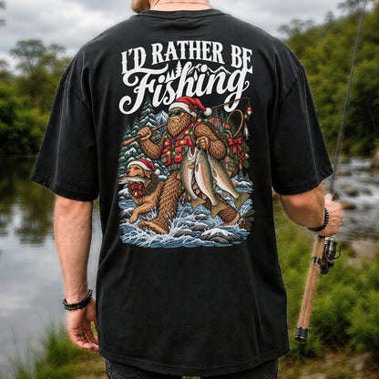 I'd Rather Be Fishing Bigfoot and Dog Christmas Fishing T-Shirt | Back Print