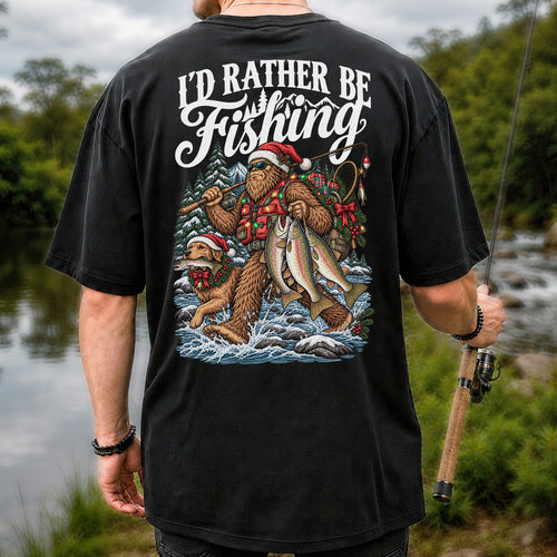 I'd Rather Be Fishing Bigfoot and Dog Christmas Fishing T-Shirt | Back Print