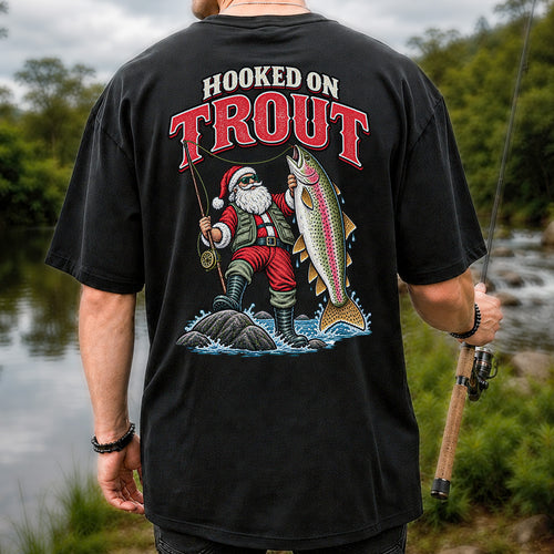 Hooked on Trout Santa Claus Rainbow Trout Christmas Fishing T-Shirt | Back Print