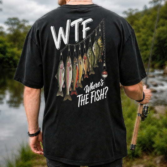 WTF Where's the Fish? Funny Fish Stringer Fishing Graphic T-Shirt | Back Print