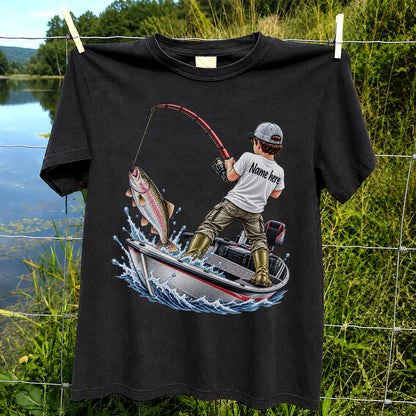 Personalized Boy Fishing Boat and Rainbow Trout Graphic T-Shirt