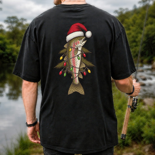 Christmas Trout Tree Fishing Graphic T-Shirt | Back Print