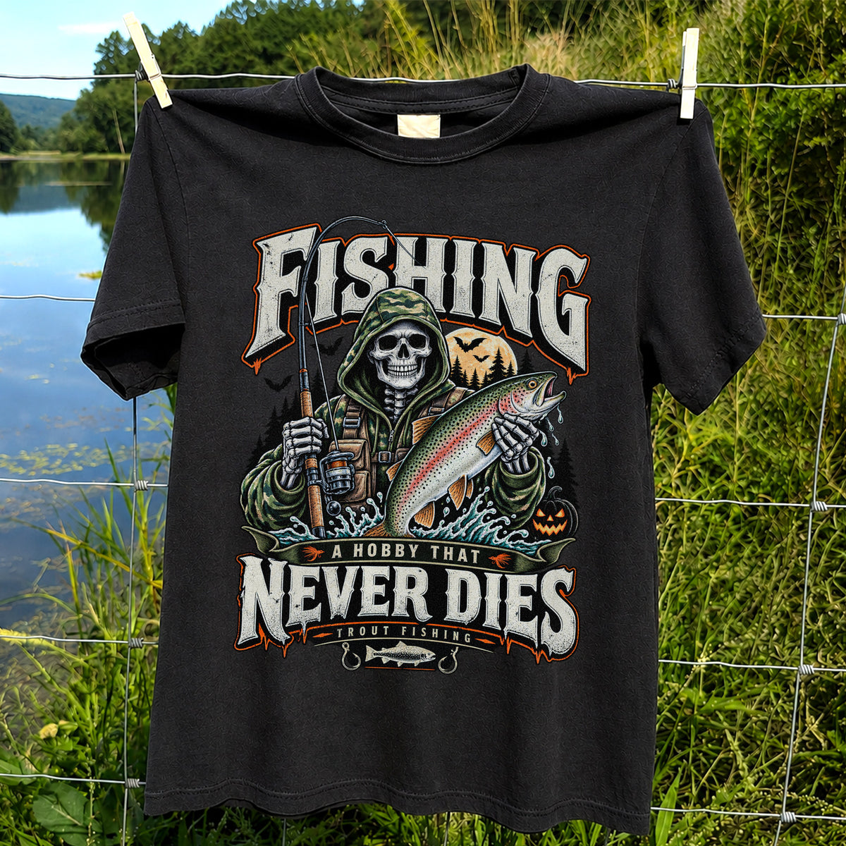 Fishing A Hobby That Never Dies Skeleton Holding Rainbow Trout Halloween T-Shirt