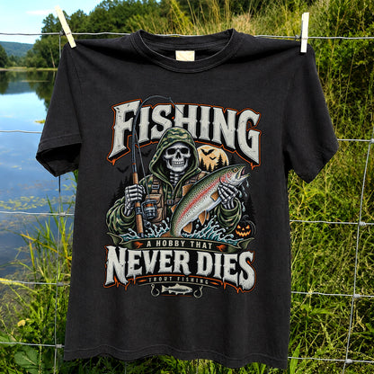 Fishing A Hobby That Never Dies Skeleton Holding Rainbow Trout Halloween T-Shirt