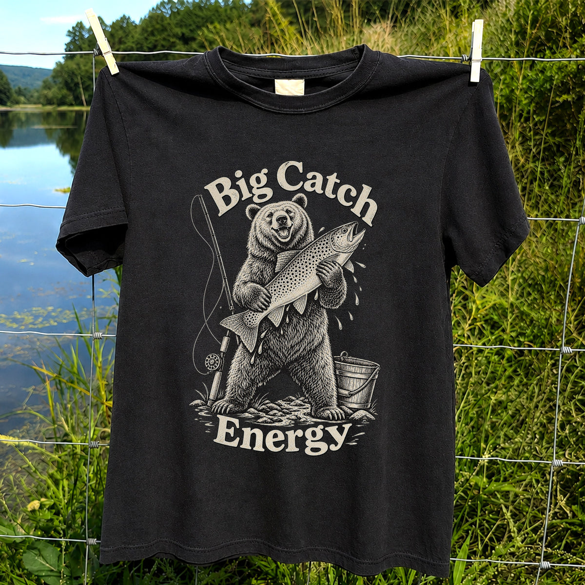 Big Catch Energy Bear and Trout Fishing T-Shirt