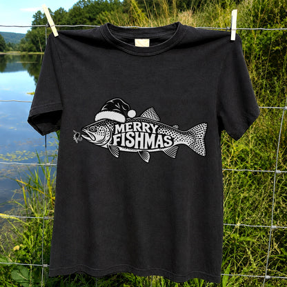 Merry Fishmas Black and White Trout Christmas Fishing T-Shirt