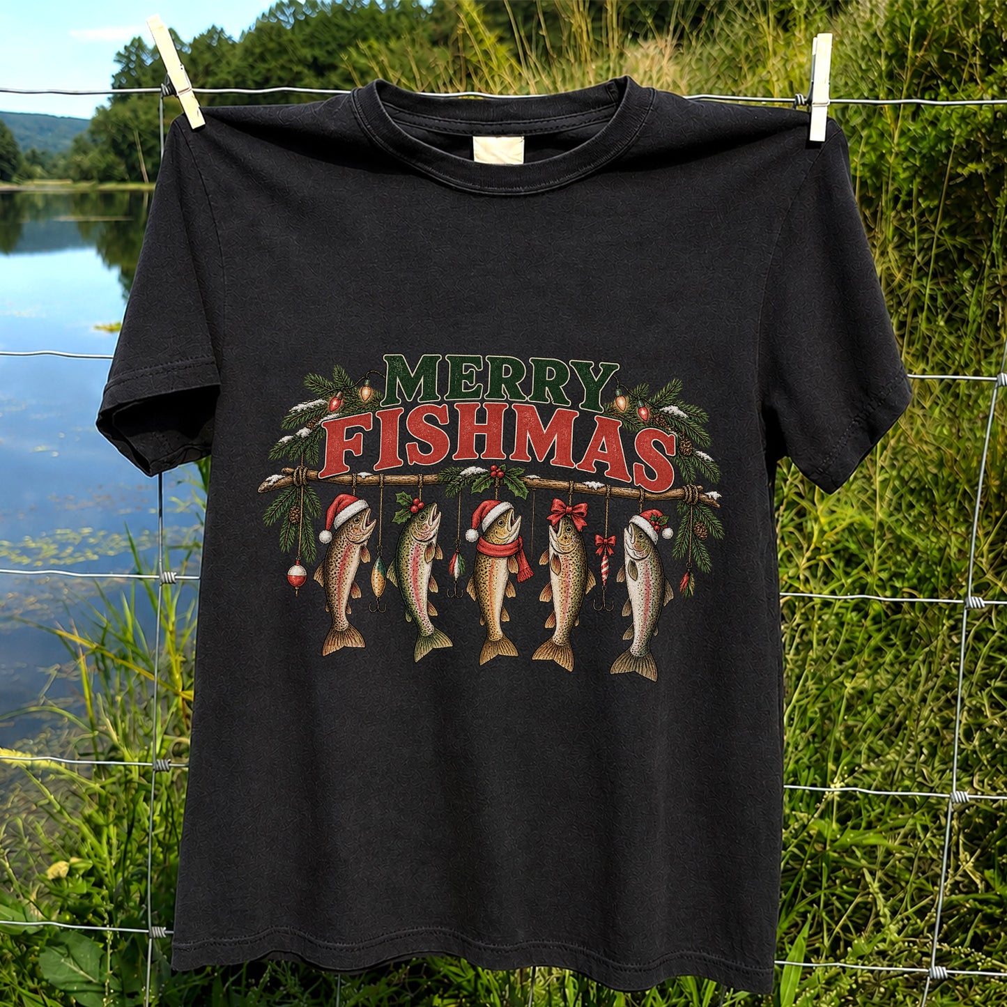 Merry Fishmas Five Christmas Trout Fishing Graphic T-Shirt